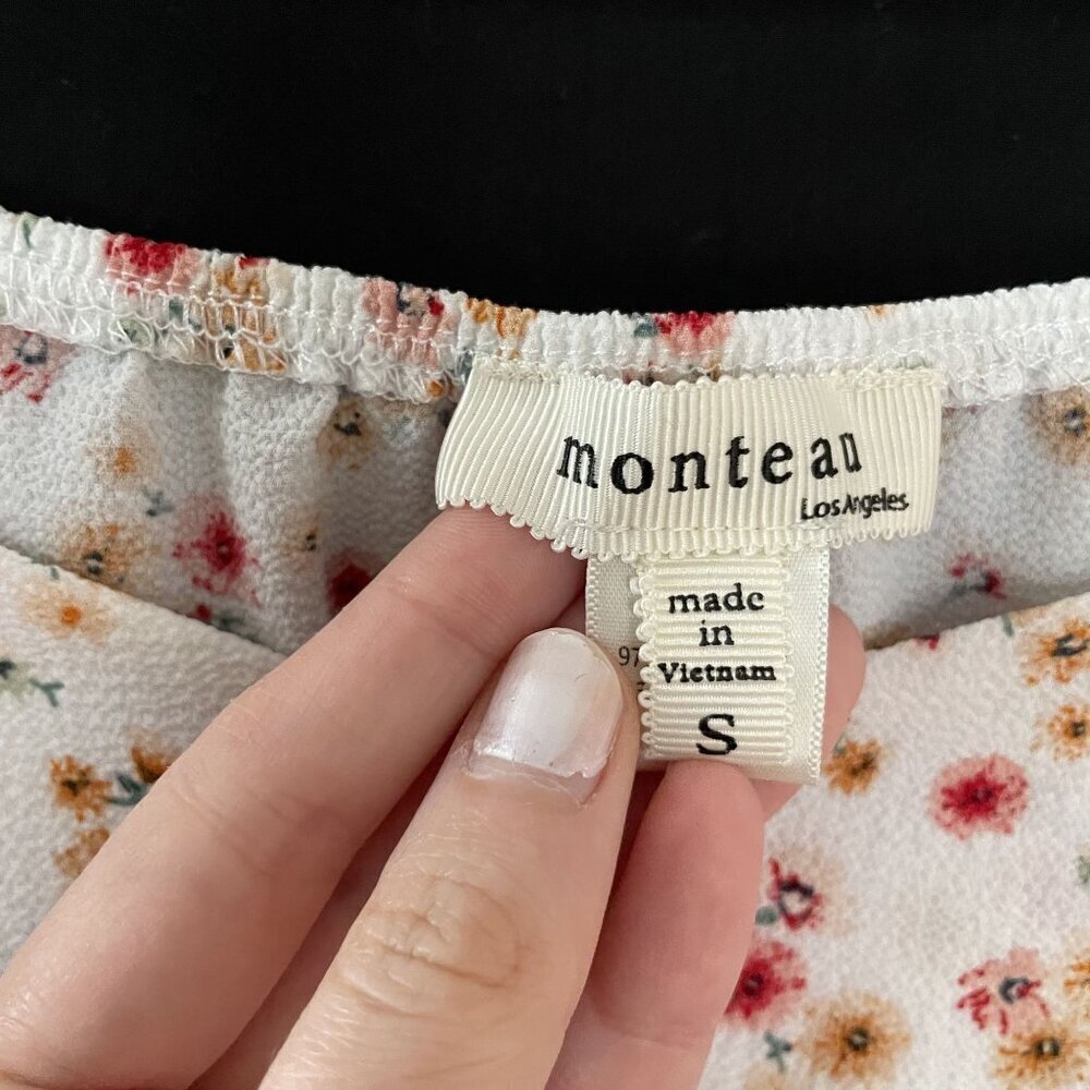 Monteau red and yellow‎ floral frilly crop top women's size small cinched waist - Picture 4 of 8